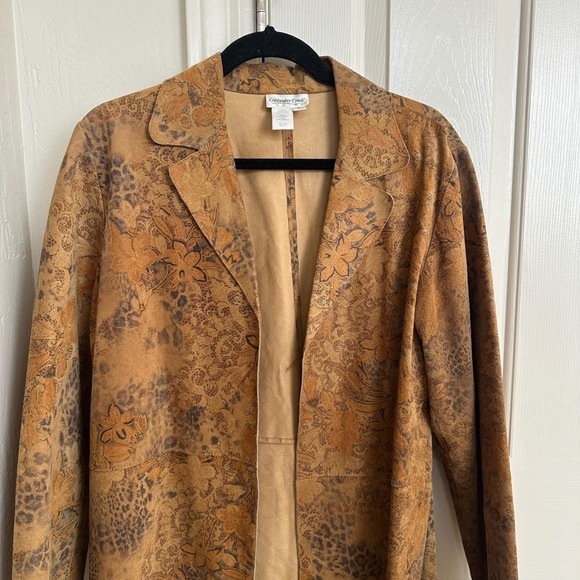 Coldwater Creek Vintage 100% Leather Floral Leopard Print Trench Coat Jacket L